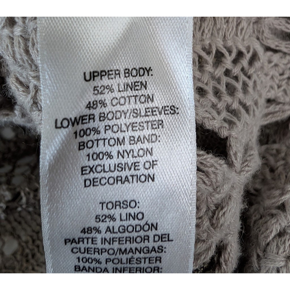 Chico's Nora Linen L XL Mixed Media Modern Asymmetrical Open Knit Tan Pullover - Picture 7 of 9